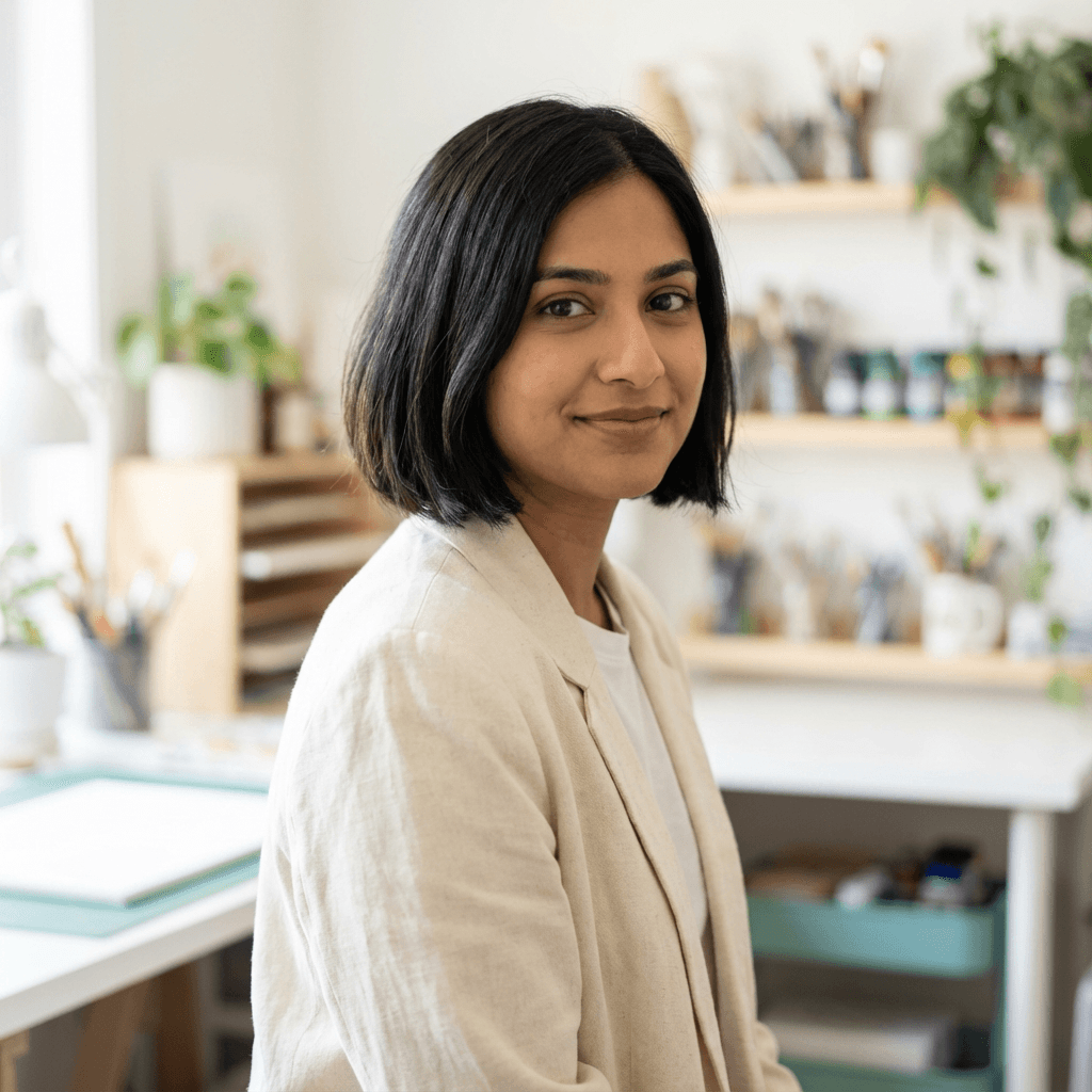 Female client with natural-looking brows in a modern studio