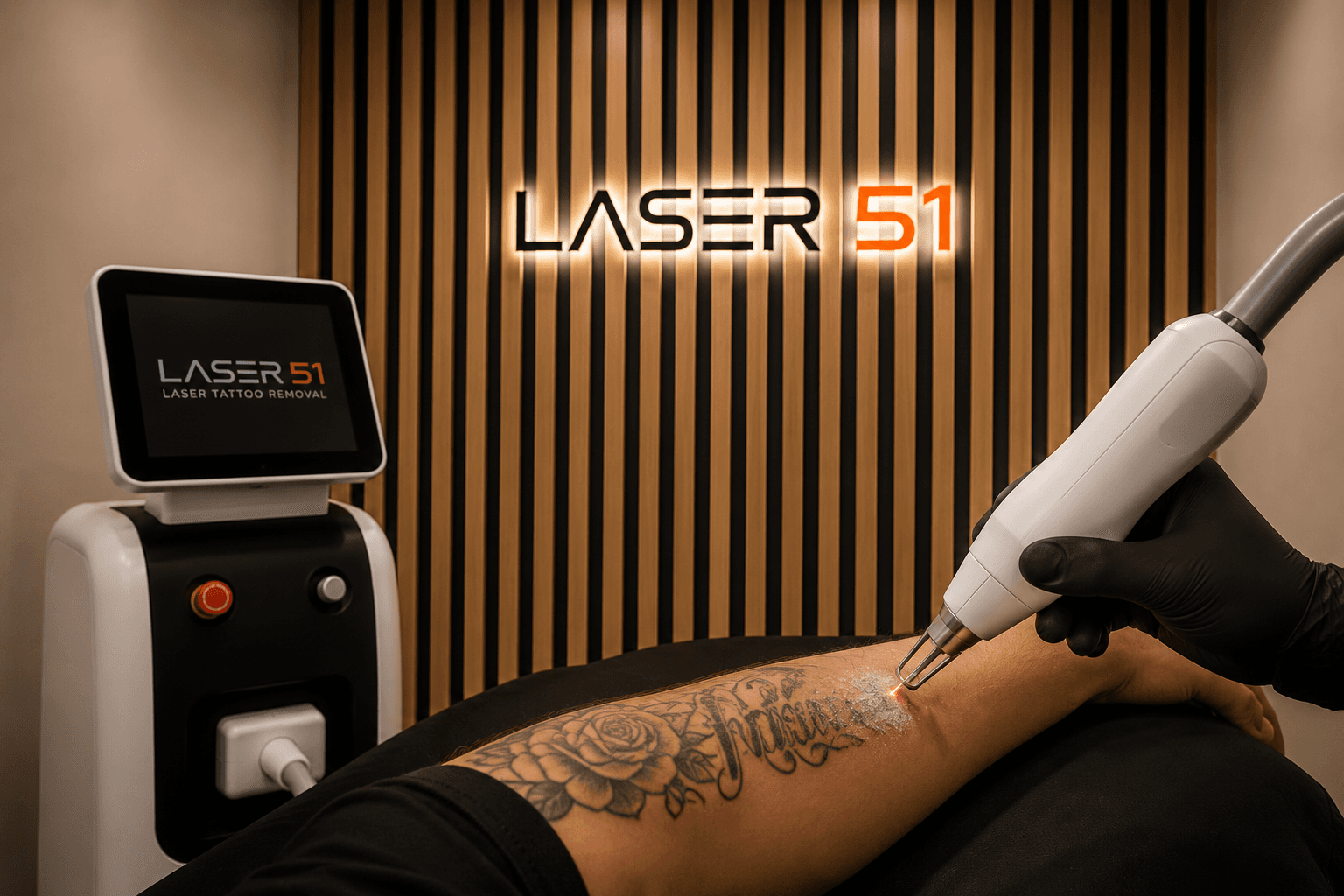 Gloved hand using a laser device to remove a rose tattoo from a person's forearm.