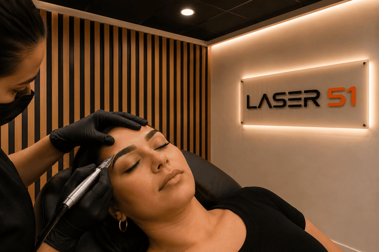 Technician performing a permanent eyebrow treatment on a woman at the Laser 51 clinic.