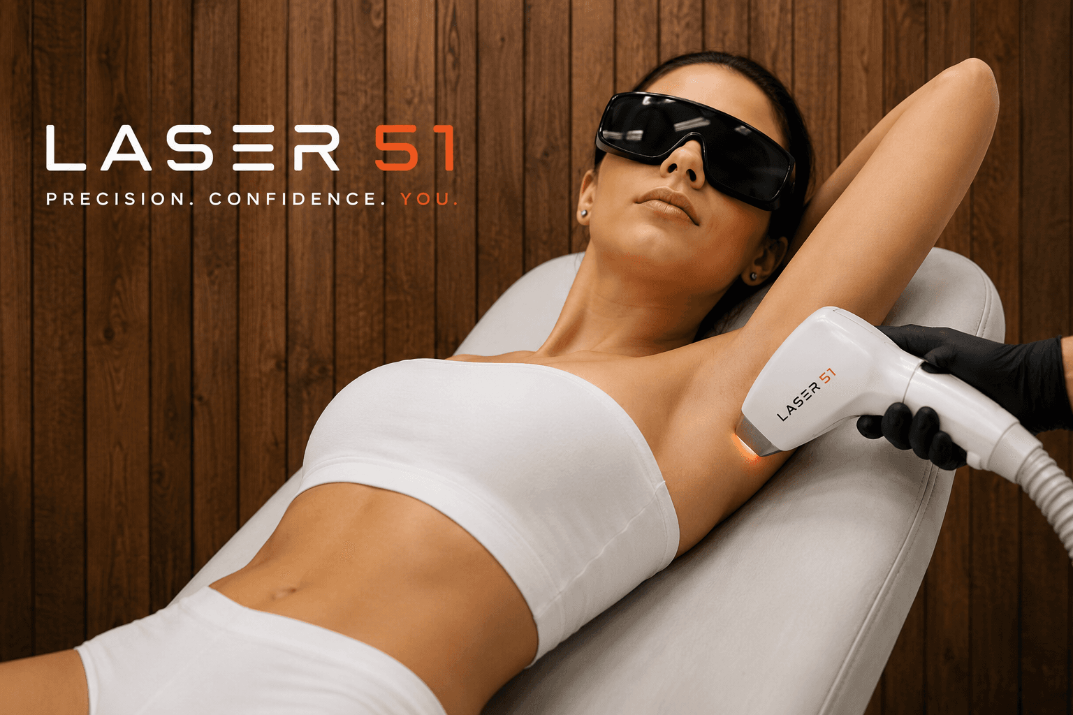Woman wearing protective goggles receives professional laser hair removal treatment on her underarm.