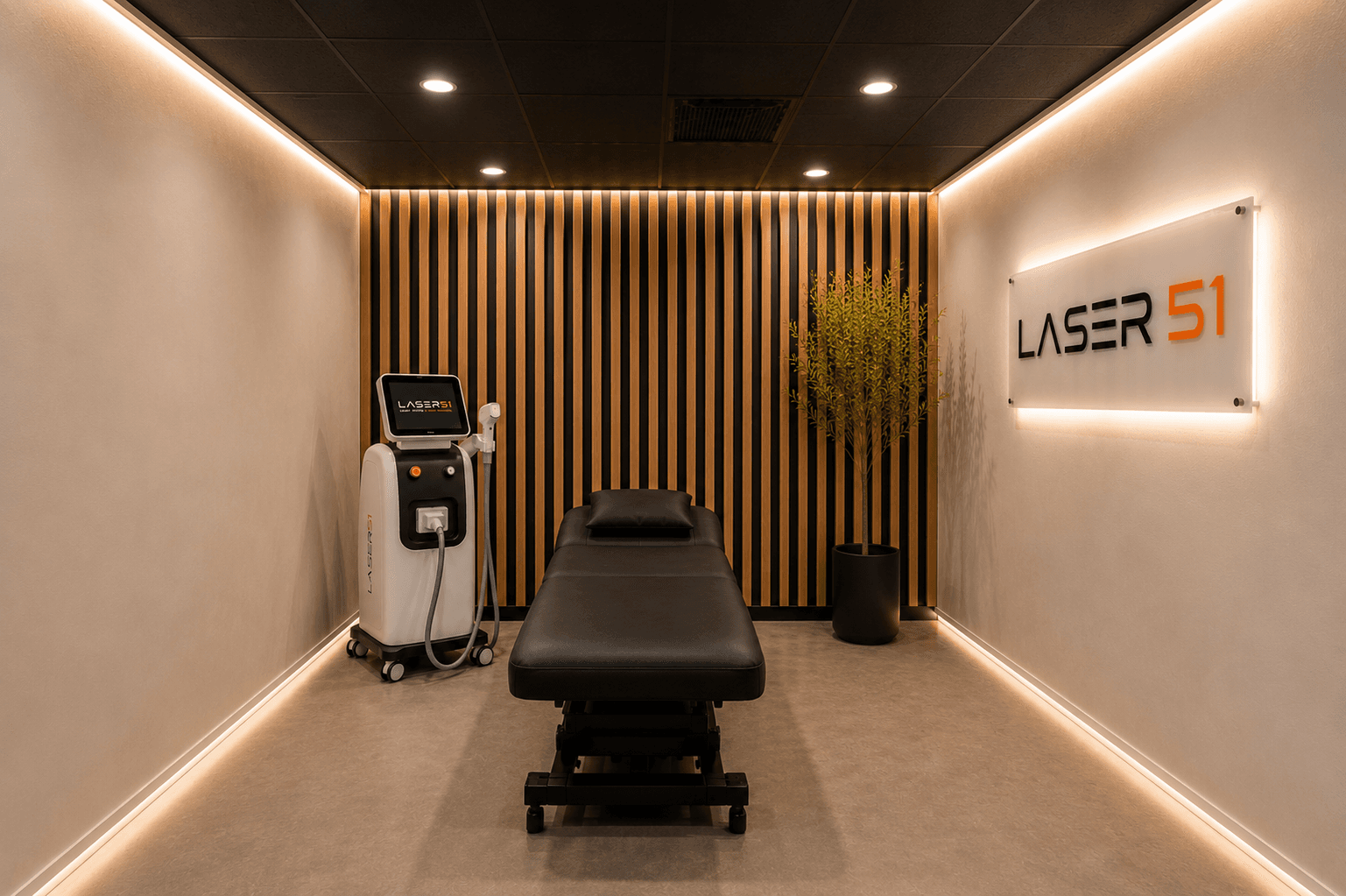 Modern treatment room with a black bed, laser machine, and glowing Laser 51 sign.